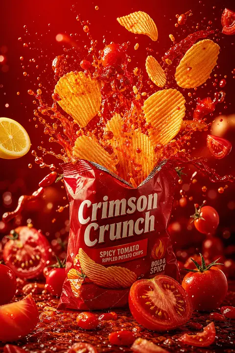 一张高冲击力的商业食品广告摄影图：`Crimson Crunch` 香辣番茄波纹薯片包装袋置于画面下方中央，鲜艳炽红的袋身在镜头前形成强烈视觉锚点，袋口被利落撕 - AI生成图片 2