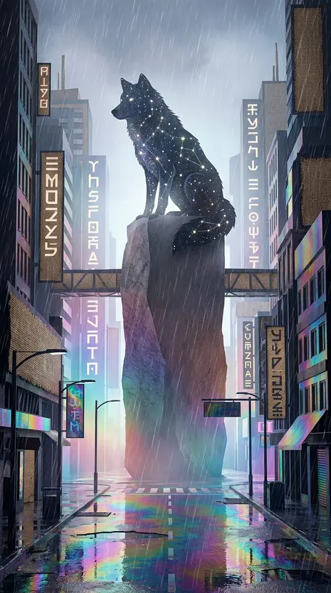 A monumental cosmic wolf formed from glittering constellations, perched with sov - AI生成图片 3