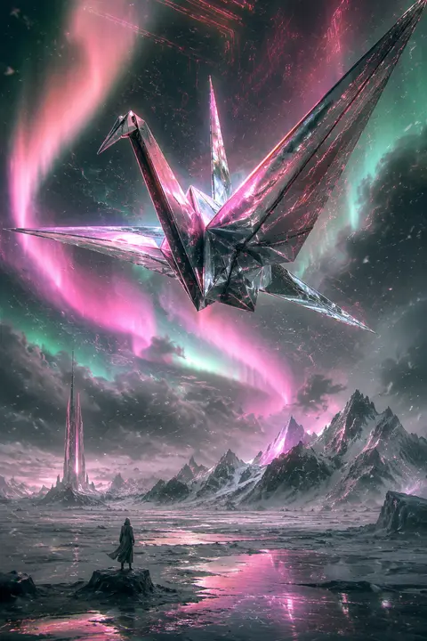 An origami paper crane come alive, forged from liquid mercury, soaring above a f - AI生成图片 2