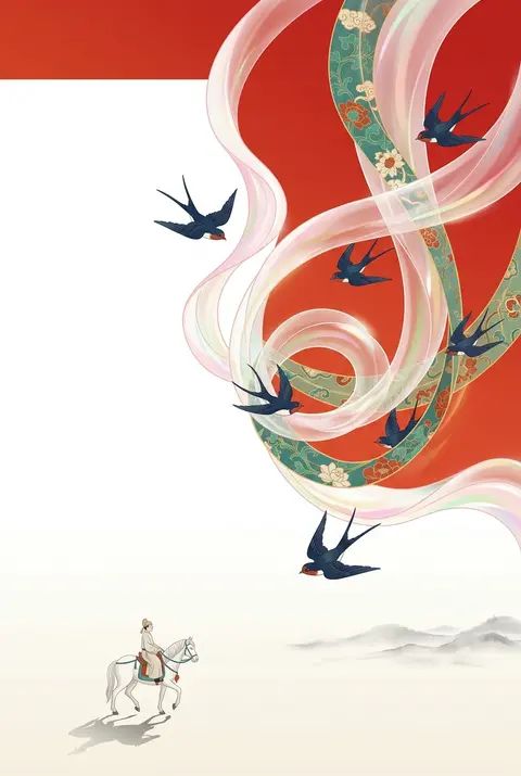 9:16 竖版，新中式东方美学极简插画，敦煌壁画与现代国潮视觉融合，东方古典丝路意境海报。画面以高饱和朱砂红、赤红渐变背景为主，上半部与左侧保留大面积纯净留白， - AI生成图片 3