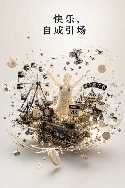等距微缩场景广告海报：午夜嘉年华摊位中央，一位果市摊主站在高台木车上，双臂扬起，像欢乐核心般吸引整座游乐市集向其汇聚；摊主由半透明树脂雕成，轮廓清澈发光，围裙、 - AI生成图片 1
