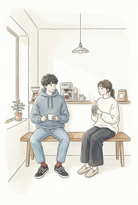 日系手绘插画风，极简细线稿结合淡彩晕染，低饱和莫兰迪色调，轻微纸张纹理，整体温柔治愈、安静松弛，带一点文艺气息。室内咖啡角落为主体，竖幅居中构图，大面积留白，柔 - AI生成图片 1