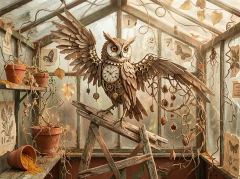 Full-length surrealist photo collage of a clockwork owl in a sun-drenched greenh - AI生成图片 1