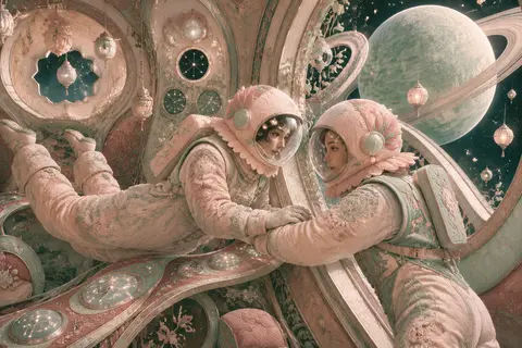 Twin astronaut explorers drifting through a hushed orbital conservatory, mirrore - AI生成图片 2