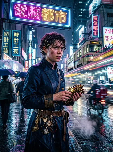 A razor-focused street portrait of a teenage clockwork prodigy paused beneath a - AI生成图片 1