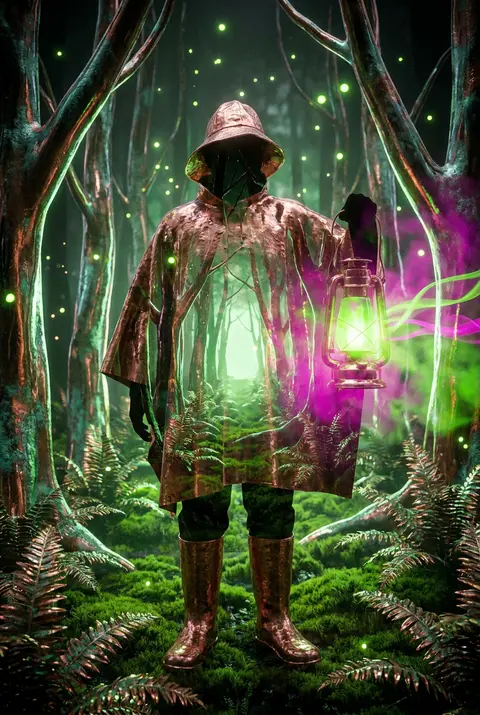 一位古怪的灯塔守夜人站在发光苔藓覆盖的小径中央，周围是夜色中的奇异森林，树干与蕨类像液态金属般泛着锤纹铜质光泽，枝叶间漂浮着顽皮的荧光孢子与细小光点；整幅画面采 - AI生成图片 3