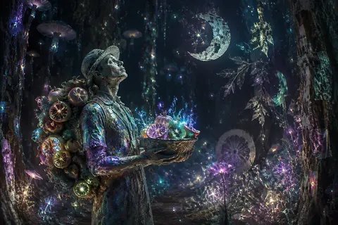 超现实主义摄影拼贴风，竖版 9:16 构图，一名水果摊贩静立于会发光的夜林空地中央，神情安宁而若有所思，微微仰头望向漂浮在树冠间的微光，身体由裂纹瓷器般的肌理构 - AI生成图片 3