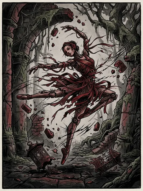 A mechanical prima ballerina in woven silk ribbons whirling through ancient moss - AI生成图片 3