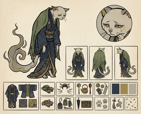 official character concept sheet of a tea-house cat spirit, mournful yet dignifi - AI生成图片 1