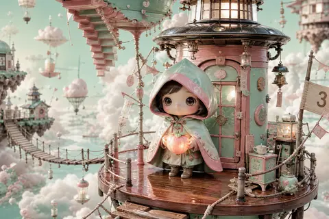 A solitary lighthouse keeper reimagined as a palm-sized, round-faced caretaker w - AI生成图片 2