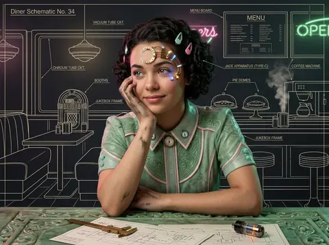 Vertical bust portrait of a young tinkering inventor in a hushed 1950s retro din - AI生成图片 1