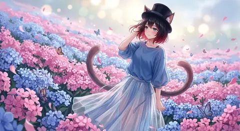 一位名为 Kyra Vale 的幻想系猫耳少女立于成片粉蓝色粉蝶花海之间，短黑发末端晕染柔和绯红，在黑色丝绒高礼帽下探出蓬松灵巧的猫耳，身后一条厚实绵软的长尾巴 - AI生成图片 1