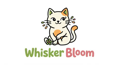 一个名为 Whisker Bloom 的品牌标识设计：主体是一只圆润、极具辨识度的卡通猫咪，使用简洁几何轮廓构成，神态灵动，带一点慵懒俏皮的松弛感。整体造型融入 - AI生成图片 2