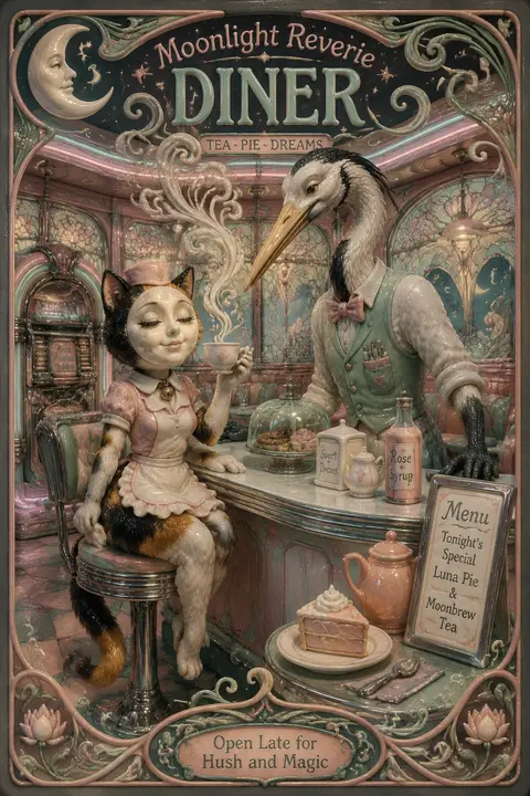 A moon-faced calico proprietress perches on a chrome-topped counter stool inside - AI生成图片 2
