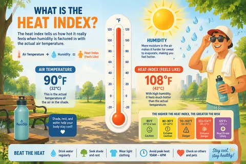 Friendly infographic-style illustration explaining the heat index, split-scene l - AI生成图片 2