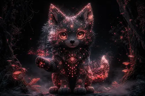 一只由星群与细碎银河缝合而成的狼灵，静静立于发光夜林中央，正面完整入镜，比例夸张可爱但并非玩具感，躯体像手工针织羊毛雕塑般圆润柔软，四肢短而厚实，前爪微微抬起， - AI生成图片 2