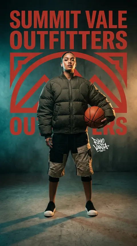 A high-fashion, cinematic concept poster for **Summit Vale Outfitters**. The sce - AI生成图片 2