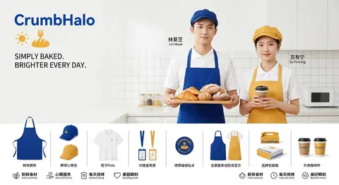 品牌 VI 工装版式展板，烘焙店 `CrumbHalo` 全套视觉物料展示，明亮克莱因蓝与暖蜂蜜黄高对比主色调，干净 ins 风商业品牌设计主视觉；画面中心是一 - AI生成图片 1