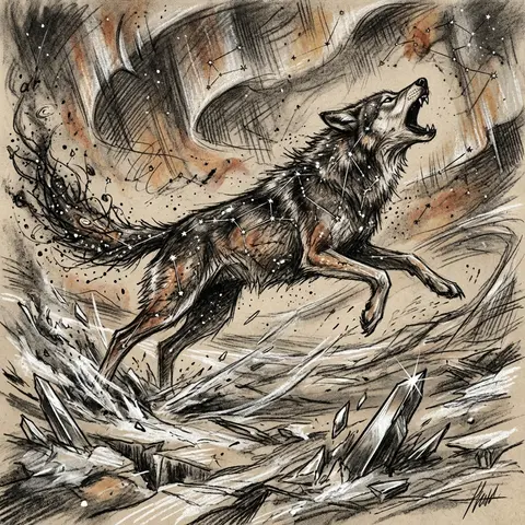 A feral wolf formed entirely from star-map constellations, its body traced by fl - AI生成图片 2