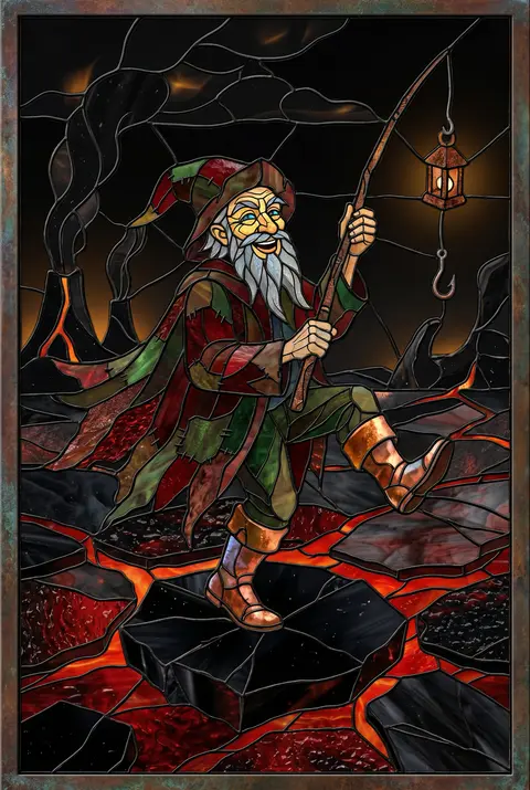 Whimsical stained-glass mosaic poster of an elderly fisherman with a forked silv - AI生成图片 2