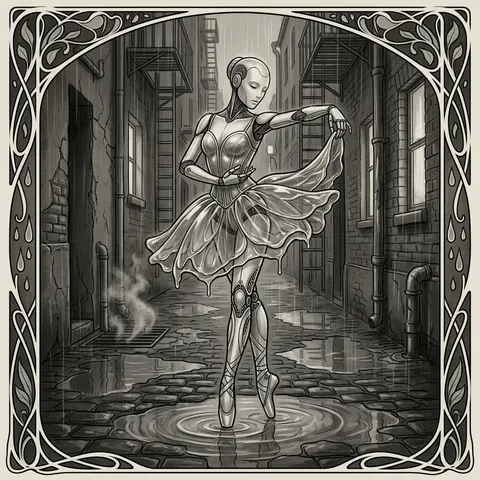 An intimate, quiet art nouveau poster of a solitary robotic ballet dancer paused - AI生成图片 4