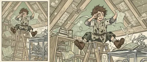 a young tinkering inventor perched mid-motion atop a precarious stack of brass-s - AI生成图片 3