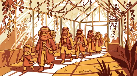 a desert nomad caravan winding through a sunlit greenhouse, joyful and sunlit mo - AI生成图片 1