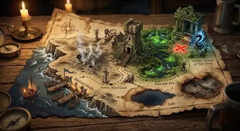 An exquisitely hand-illustrated treasure map sprawled across weathered parchment - AI生成图片 1