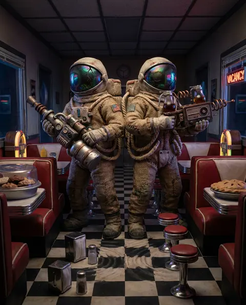 Twin astronaut bruisers in a retro 1950s chrome diner at midnight, rendered as t - AI生成图片 1
