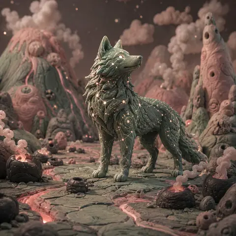 A serene claymation stop-motion tableau of a celestial wolf formed from tiny glo - AI生成图片 2