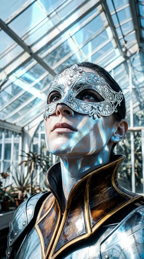 Vertical close-up portrait of a masked carnival acrobat poised inside a radiant - AI生成图片 3