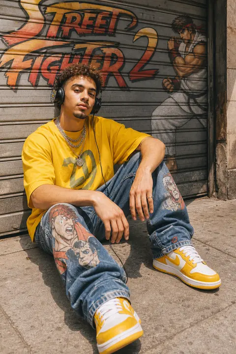 Sunlit urban streetwear portrait of a stylish young man sitting casually on a co - AI生成图片 3