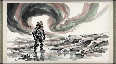 A tense cinematic ink wash scene of a solitary deep-sea diver standing on a froz - AI生成图片 1