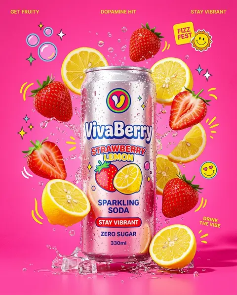 Ultra vibrant VivaBerry Strawberry Lemon sparkling soda hero shot, hot pink seam - AI生成图片 2