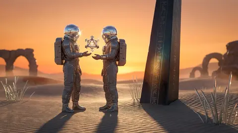 Twin astronaut explorers standing close beside a half-buried monolithic beacon i - AI生成图片 1