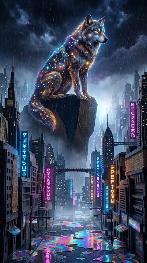 A monumental cosmic wolf formed from glittering constellations, perched with sov - AI生成图片 2