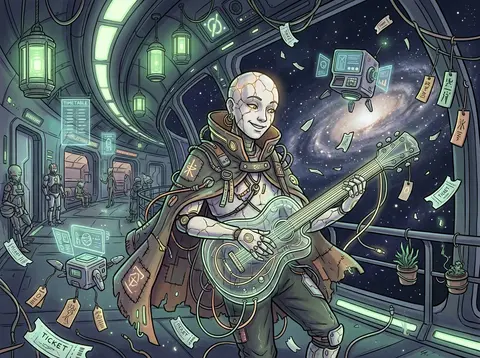 A playful, whimsical cyberpunk neon illustration set inside an orbital space sta - AI生成图片 2