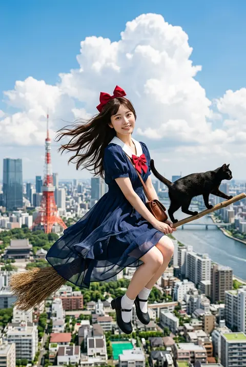 主題： 空の便 人物・表情： 20代女性。赤い大きなリボンを頭につけ、暗めのブラウンロングヘアが上空の風で画面左へ大きく流れている。清潔感のある日系メイク、自 - AI生成图片 3