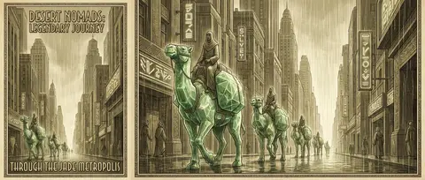 A towering art deco travel poster depicting a desert nomad caravan advancing thr - AI生成图片 1