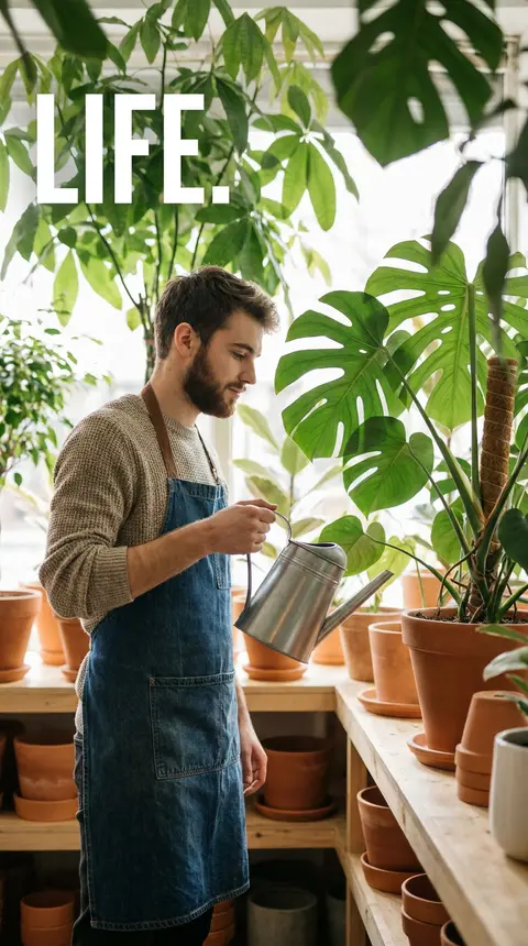 Premium editorial campaign.Main Subject:Young man florist watering tall indoor p - AI生成图片 1