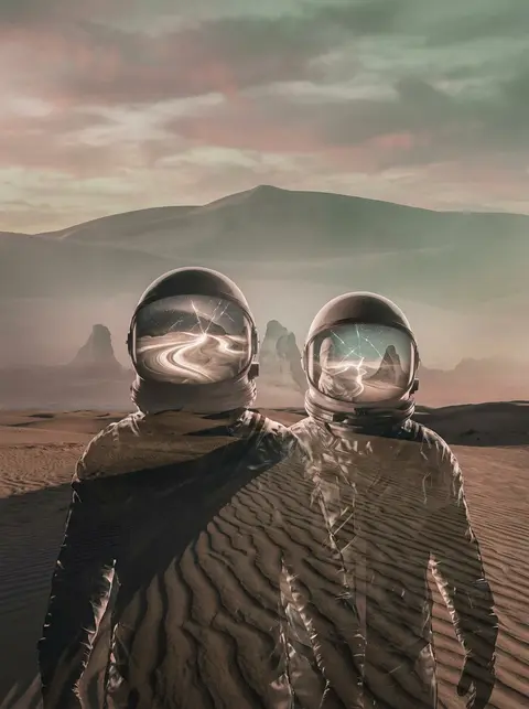 Twin astronaut explorers emerging from wet clay ridgelines in a desert at dawn, - AI生成图片 1