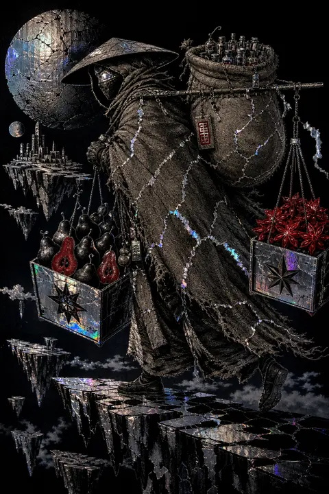 A masked spice peddler in profile drifting left across a chain of fractured sky - AI生成图片 2