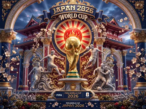 Ultra-detailed 3D baroque poster, Japan World Cup 2026, FIFA trophy in center, d - AI生成图片 2
