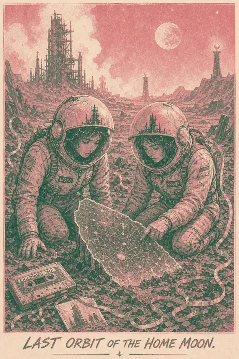 Twin astronaut explorers, Liora and Sen Vey, kneel beside a half-buried transluc - AI生成图片 3