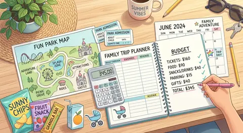 Bright editorial lifestyle illustration of a family trip budget planner spread a - AI生成图片 2