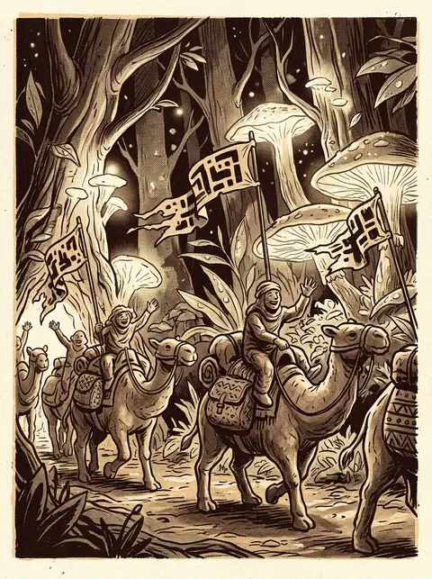 Joyful desert caravan gliding through a bioluminescent night forest, clay-rimmed - AI生成图片 1