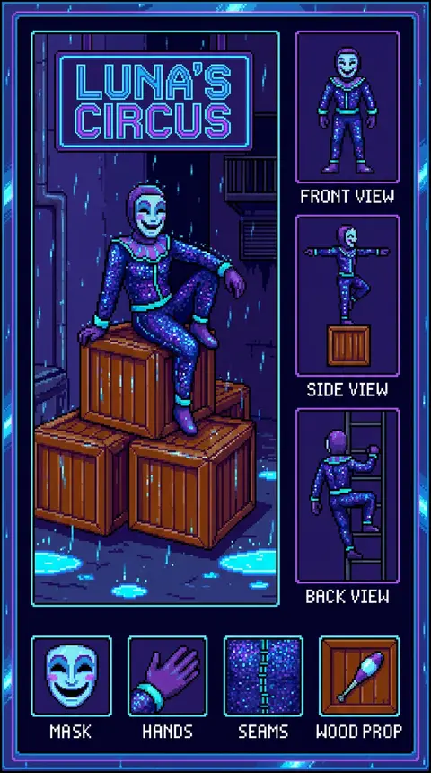 16-bit pixel art character sheet of a masked carnival acrobat in a rain-soaked b - AI生成图片 4