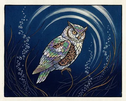 An intimate ukiyo-e woodblock print of a clockwork owl suspended in an underwate - AI生成图片 3