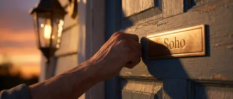 A human hand reaches out to knock on a weathered, slate-blue wooden door, castin - AI生成图片 2