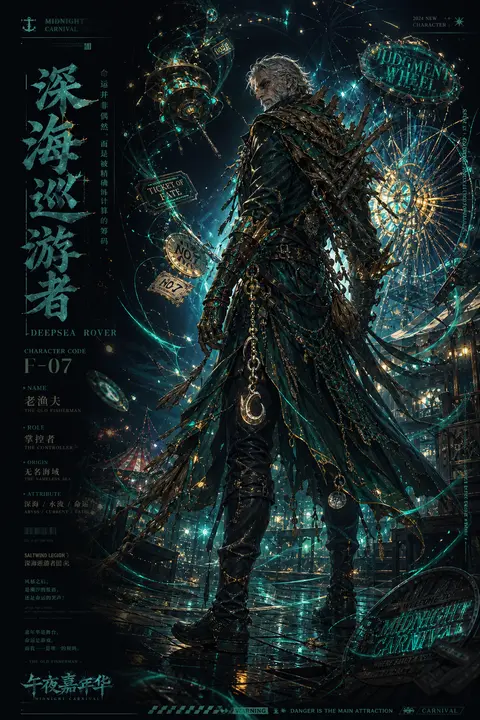 二次元游戏角色宣传海报，竖版超长构图，午夜嘉年华中央主视觉是一位冷峻而老练的年迈渔夫，满脸风霜纹理，银白胡茬，深陷眼窝映出克制锋利的目光；他微微侧身回首，神情沉 - AI生成图片 1